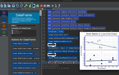 This image shows a block programming environment, blocks related to data science, and a chart generated that is automatically accessible.