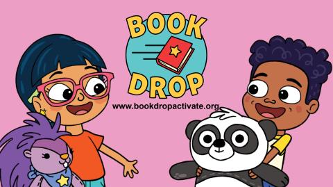 A logo with a cartoon book and the word Book Drop is in the center. A cartoon girl is holding a stuffed porcupine and a cartoon boy is holding a stuffed panda.