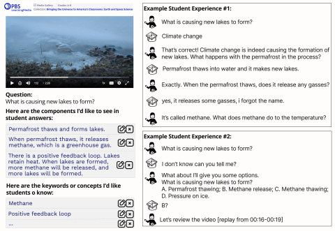 This image describes a system design for the proposed teacher interface, where teachers see AI-suggested answer components and key concepts and can make edits. The system takes minimal user input and will provide desirable interaction experience to students.