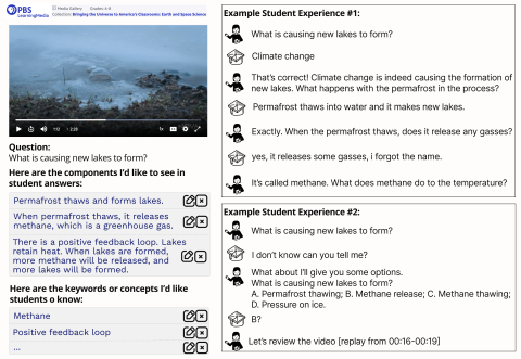 This image describes a system design for the proposed teacher interface, where teachers see AI-suggested answer components and key concepts and can make edits. The system takes minimal user input and will provide desirable interaction experience to students. 