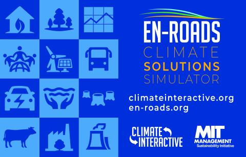 Blue card with energy graphics to illustrate the "Energy Rapid Overview and Decision Support (En-ROADS)" computer model and simulation game