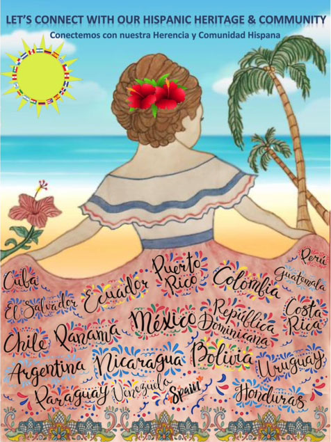 Lets connect with our Hispanic Heritage and Community, Conectemos con nuestra Herencia y Comunidad hispana Poster showing art by Ily Soares